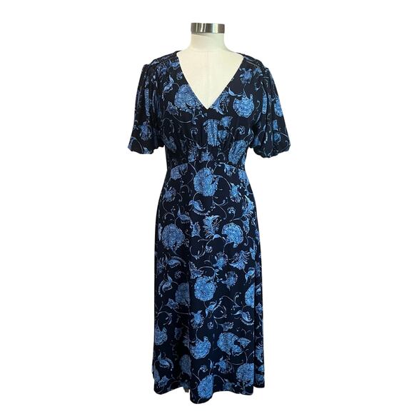 Harper Rose Navy Floral Puff Sleeve V Neck Midi Dress Size 8 - Picture 1 of 11